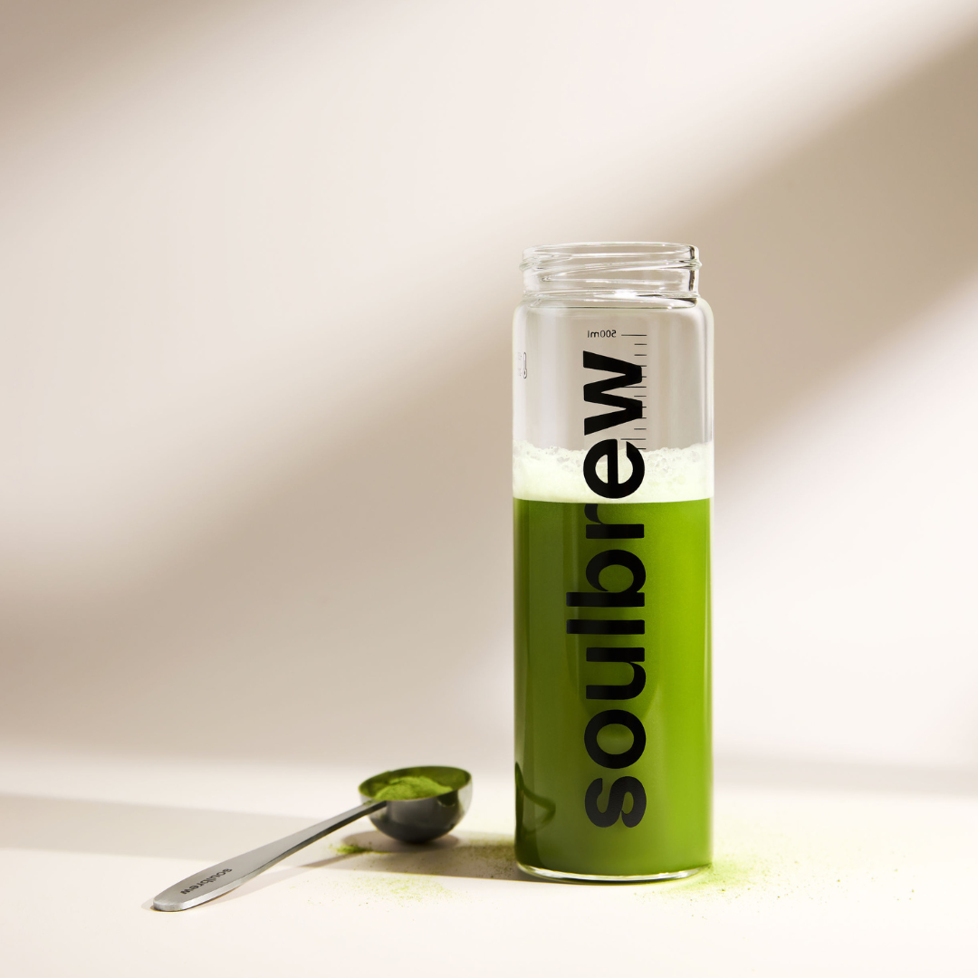 matcha in a glass bottle