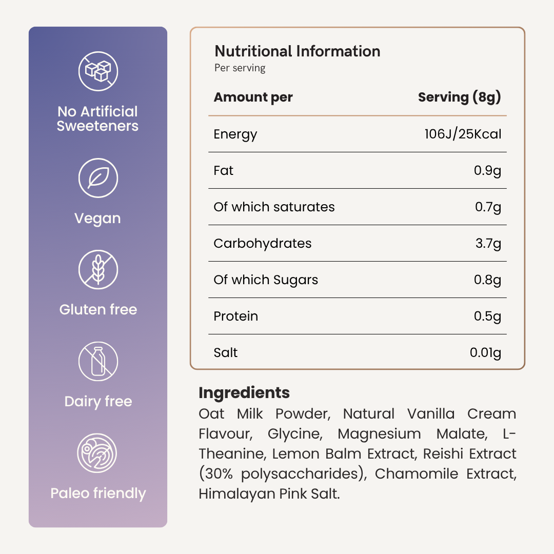 SoulBrew Dream ingredients — Reishi, Glycine, Chamomile, Magnesium and natural vanilla'